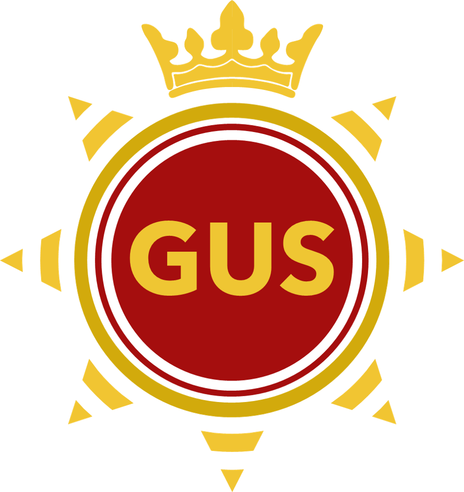 The GUS Band crest: a crown above a red disc reading GUS, in a gold sunburst